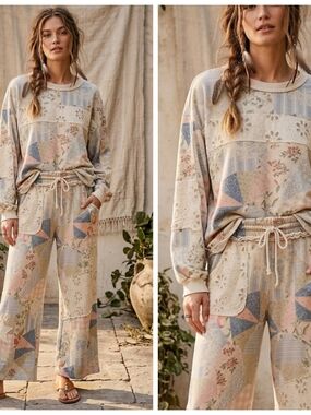easel Pastel Patchwork Print Eyelit Set in Cream, Blue & Pink